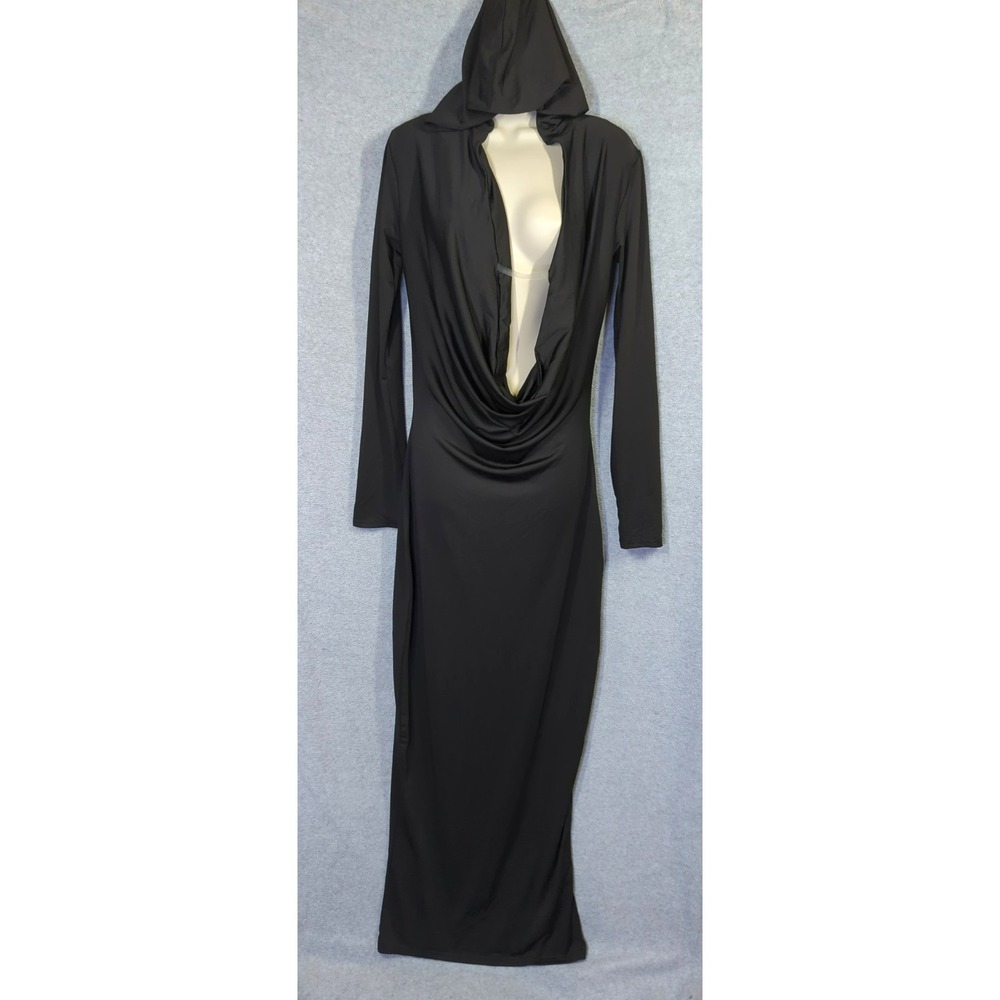 Witchy Women Black Hooded Maxi Dress M Slinky Silky Dark Fairy Gothic Core